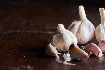 Rustic composition of bulbs and cloves of garlic on a dark wooden underground