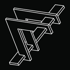 Impossible shape. Sacred geometry. Optical illusion figures. Abstract eternal geometric objects. Impossible endless outline. Line art. Optical art. Impossible geometry shape on a black background.