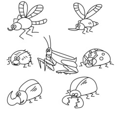Set of various outline insects in doodle style, funny small flying and jumping animals