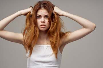 Fototapeta premium red-haired woman facial skin problems dermatology isolated background