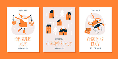 Fototapeta premium Christmas party invitations or greeting cards set. Funny santa in the town.