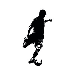 Soccer player kicking ball, footballer shoots and scores a goal, isolated vector silhouette, ink drawing, front view