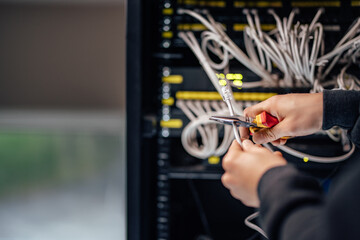 Using long-nose pliers and cutting ethernet cable, close-up.