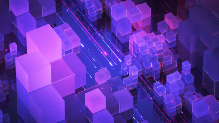 Abstract composition of purple cubes 3D render - obrazy, fototapety, plakaty