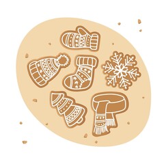 Set of Christmas homemade Gingerbread and honey cookies. Traditional Christmas baking with glaze drawing. Winter Holiday symbol. Food concept. Flat vector isolated on white. Sweet baked dessert.