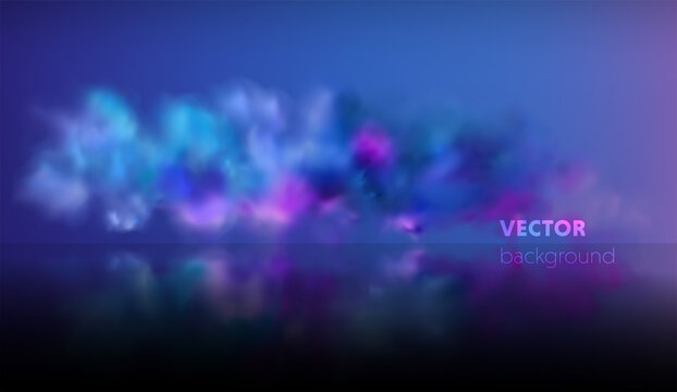 Smoke stage vector background. Abstract blue and purple fog with shadow.
