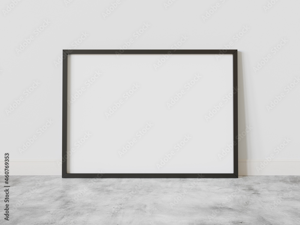 Poster black frame leaning on floor in interior mockup. template of a picture framed on a wall 3d rendering