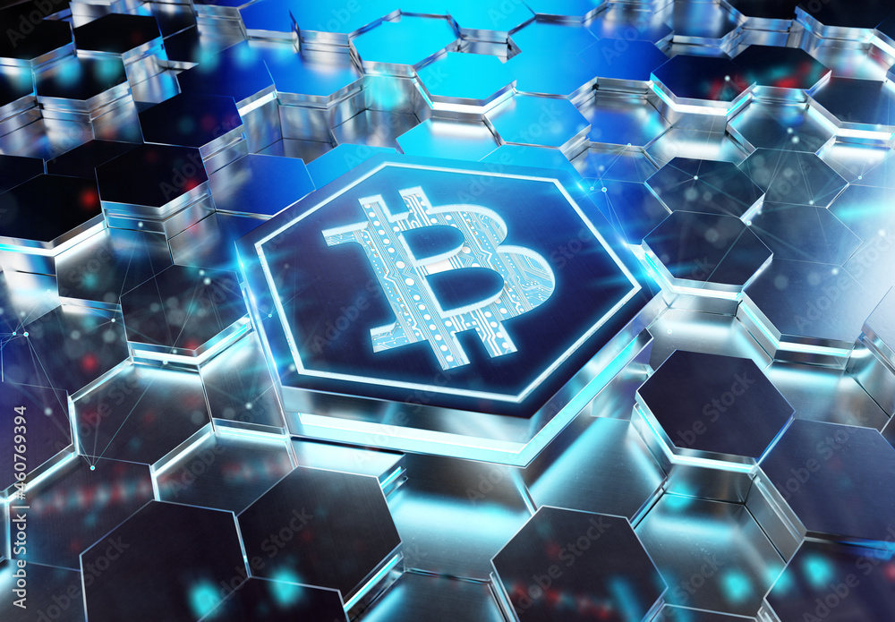 Aufkleber Bitcoin icon creativity concept engraved on metal hexagonal pedestral background. Crypto currency symbol glowing on abstract digital surface. 3d rendering