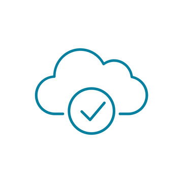 Cloud check mark line icon. Aproved access tick symbol. Cloud computing connected or yes sign. Download or upload finished. Software update process completed. Vector illustration, flat, clip art. 