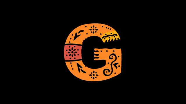 Letter G. 4K, Transparent Alpha channel. Cartoon Animation, Shake twitch effect. Ethnic ornament, national folk pattern in letter. 3 colors. Capital Letter G for ABC education, erudition, game.