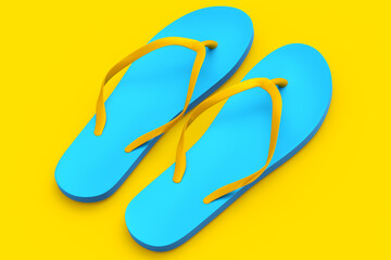 Beach blue flip-flops or sandals isolated on yellow background.