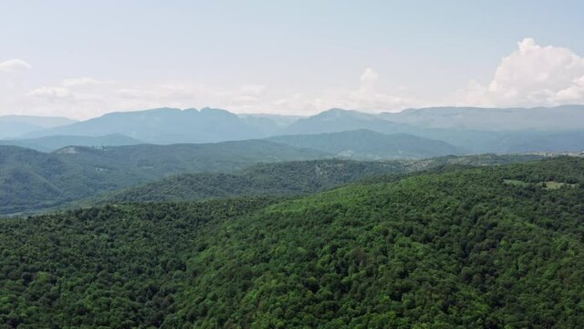 Aerial view of the mountains of Azerbaijan. Beautiful nature landscape of mountain ranges with forests.