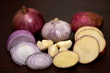 onion, garlic and potato