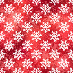Naklejka na ściany i meble Vector Winter Snowflakes Red Metallic Seamless Pattern. Christmas hand drawn white snow print on red foil background. New year shiny festive texture for print, gift wrapping paper, decor, wallpaper