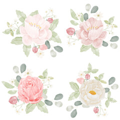 watercolor pink rose bouquet collection isolated on white background