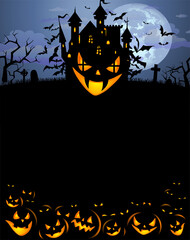 Halloween background with scary pumpkins, Dracula castle and various silhouettes of flying bats against full moon