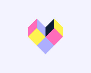 3d heart vector template. Valentines day logotype from colorful cubes. Abstract medical, health, clinic logo icon design