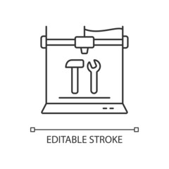 3d printed tools linear icon. Fully assembled functional model. Additive manufacturing technology. Thin line customizable illustration. Contour symbol. Vector isolated outline drawing. Editable stroke