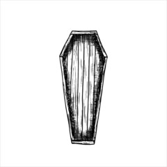 wooden vintage closed coffin in engraving style. hand drawn vector drawing of a coffin with a lid