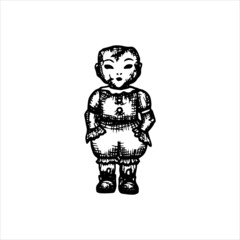 broken doll without hair in clown costume - realistic hand drawn illustration in engraving style. halloween circus concept