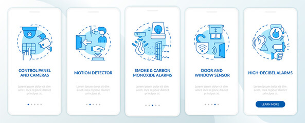 Fototapeta na wymiar Home security blue onboarding mobile app page screen. Detectors and alarms walkthrough 5 steps graphic instructions with concepts. UI, UX, GUI vector template with linear color illustrations
