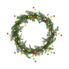 Round Christmas frame from fir branches with garland of multicoloured bulbs. Festive decoration for New Year and winter holidays