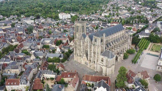 Picturesque summer view from drone of French town of Bourges with Saint-Etienne de Bourges Cathedral, Cher department