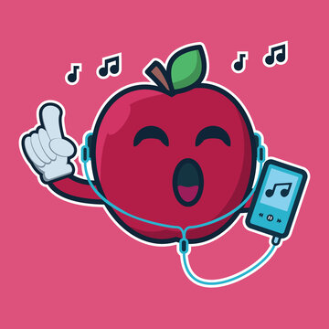 vector illustration of
 apple character 
listening to music