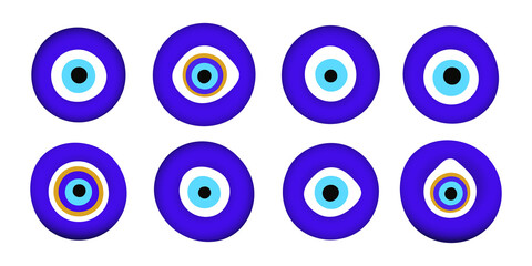 Blue oriental evil eye symbol amulet flat style design vector illustration set isolated on white background. Greek or turkish nazar protection talisman.