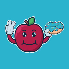 vector illustration of
 apple character eating donut