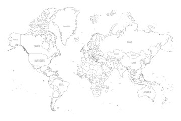 Map of World. Mercator projection. High detailed political map of countries and dependent territories. Simple flat vector illustration