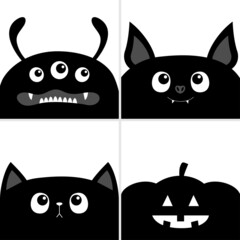 Black cat kitten head face, bat, monster, pumpkin set. Happy Halloween. Cute cartoon funny pet character. Greeting card template. Flat design. White background. Isolated.