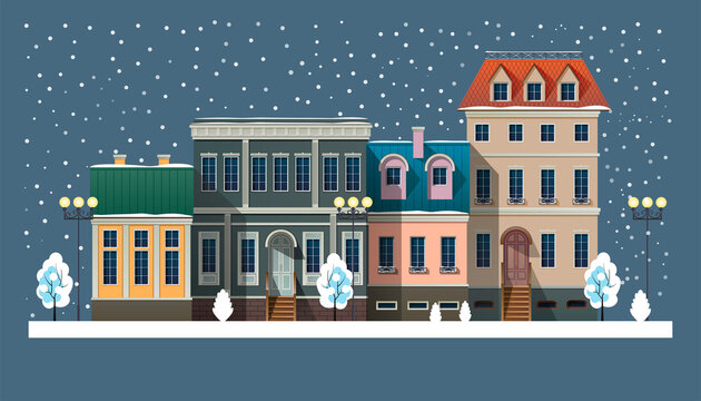 Christmas winter cityscape with beautiful buildings. Vector illustration.