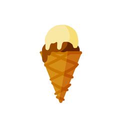 Ice cream cone. Sweet dessert with vanilla creme brulee and chocolate balls. Cold food. Flat cartoon illustration