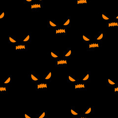 Seamless pattern with orange halloween pumpkins carved faces silhouettes on black background. Can be used for scrapbook digital paper, textile print, page fill. Vector illustration