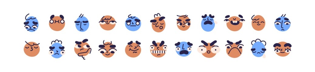 Abstract faces with cute and funny facial expressions set. Happy and sad avatar icons with comic positive and negative emotions. Colored flat vector illustration of heads isolated on white background