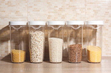 Jars for storing cereals, pasta and other bulk products in the kitchen. 