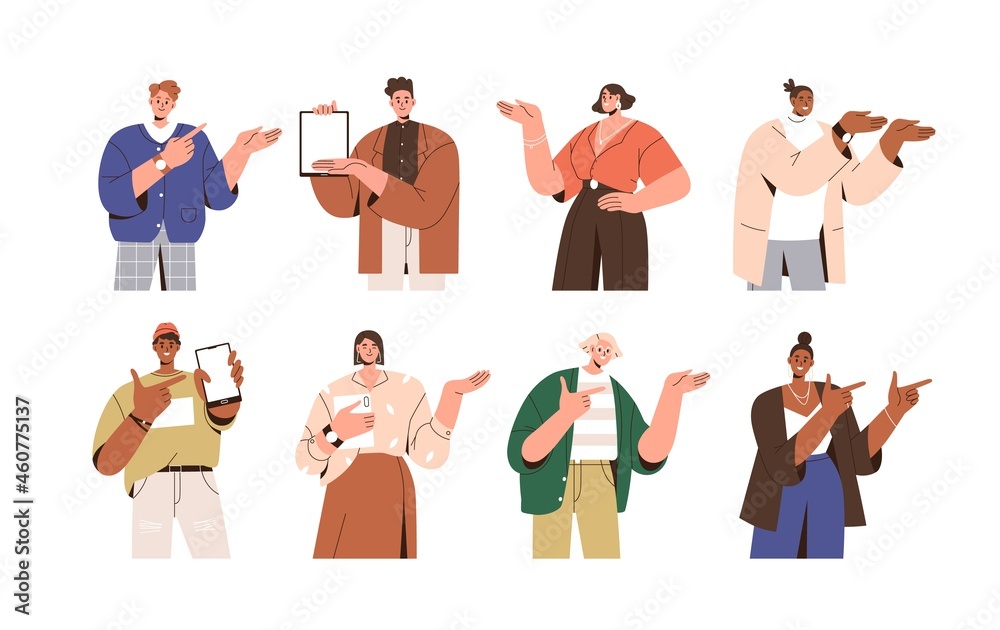 Aufkleber Happy people pointing at smth with fingers, showing and introducing product with hand gesture. Presenters set presenting sth with devices. Flat vector illustrations isolated on white background