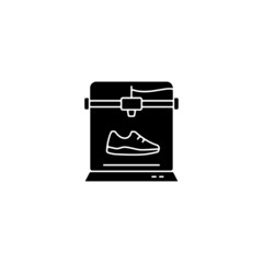 3d printed shoes black glyph icon. Fabricating lightweight, comfortable footwear. New manufacturing process. Produce running shoes. Silhouette symbol on white space. Vector isolated illustration