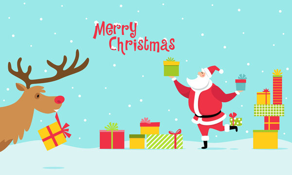 Funny Santa and deer with gifts. Concept for greeting card, banner Merry Christmas, Happy New Year. Vector flat illustration.