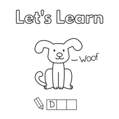 Cartoon dog learning game for small children - color and write the word. Vector coloring book pages for kids