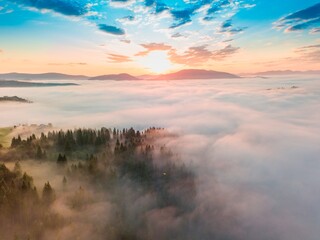 Obraz premium Fog spreads over the mountains at dawn. The sun rises on the horizon. Ukrainian Carpathians in the morning. Aerial drone view.