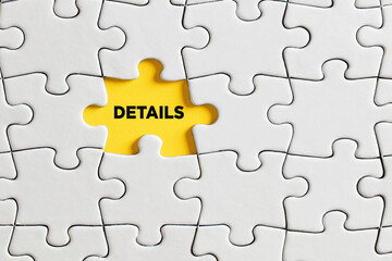 The word details written on missing puzzle piece. To examine, expose, discover or attention to...