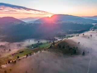 Fog in the mountain valley at dawn. Ukrainian Carpathians in the morning in the haze. Aerial drone...