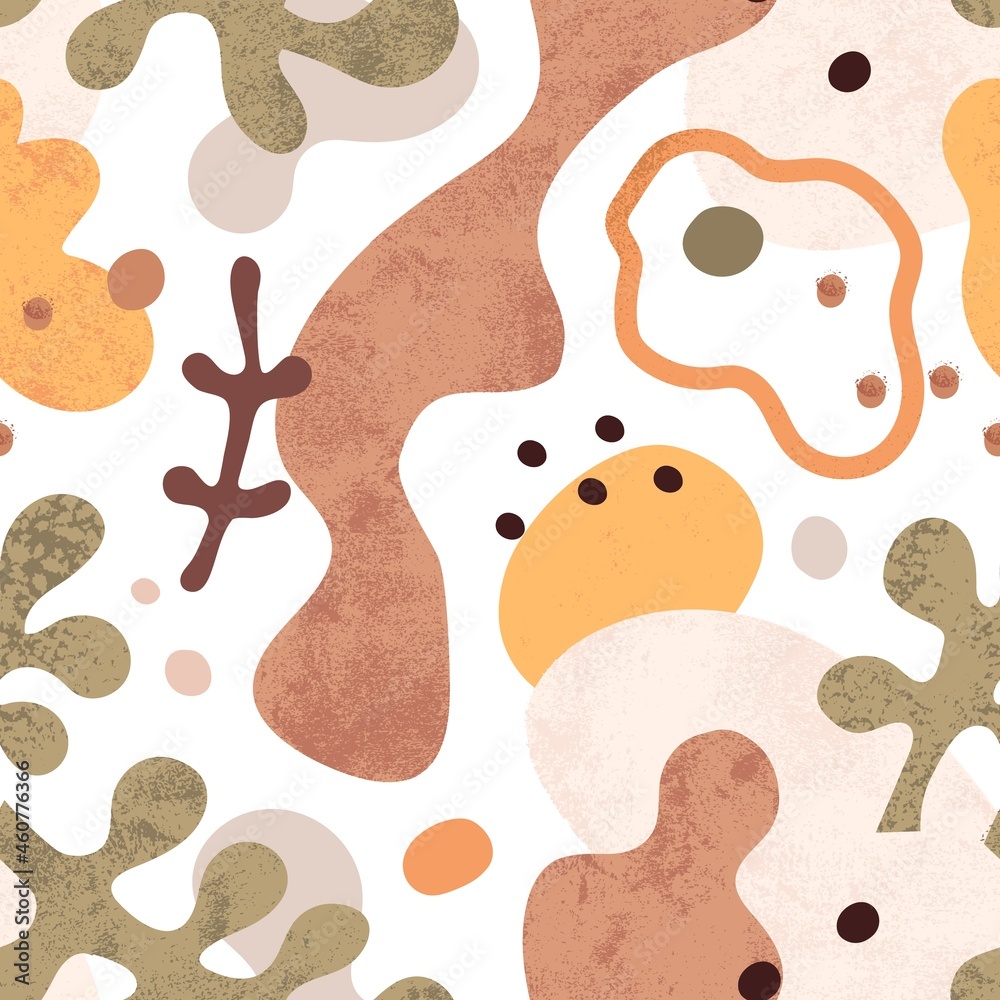 Poster Modern abstract shapes pattern. Seamless fashion background with natural geometric forms, splashes and leaves. Repeating texture design for wrapping. Colored flat vector illustration for printing