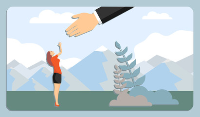 Helping hand for a person in need. Mental recovery of a woman after a break in relations with a man. Therapy after an emotional and painful divorce. Vector illustration.