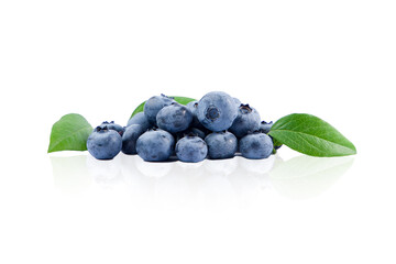 Blueberry berries with green leaves on a white background isolated.