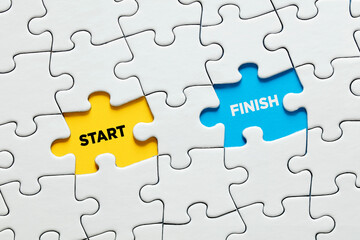 Missing puzzle pieces with the words start versus finish. Starting and finishing a job or task