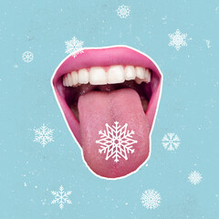 Contemporary art collage. Inspiration, idea, trendy urban magazine style. Female mouth with sticked out tongue on light blue background.