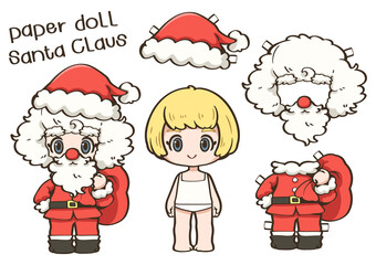 A santa claus paper doll is depicted as a vector illustration. It can be used as a Christmas decoration or as part of the overall design.
